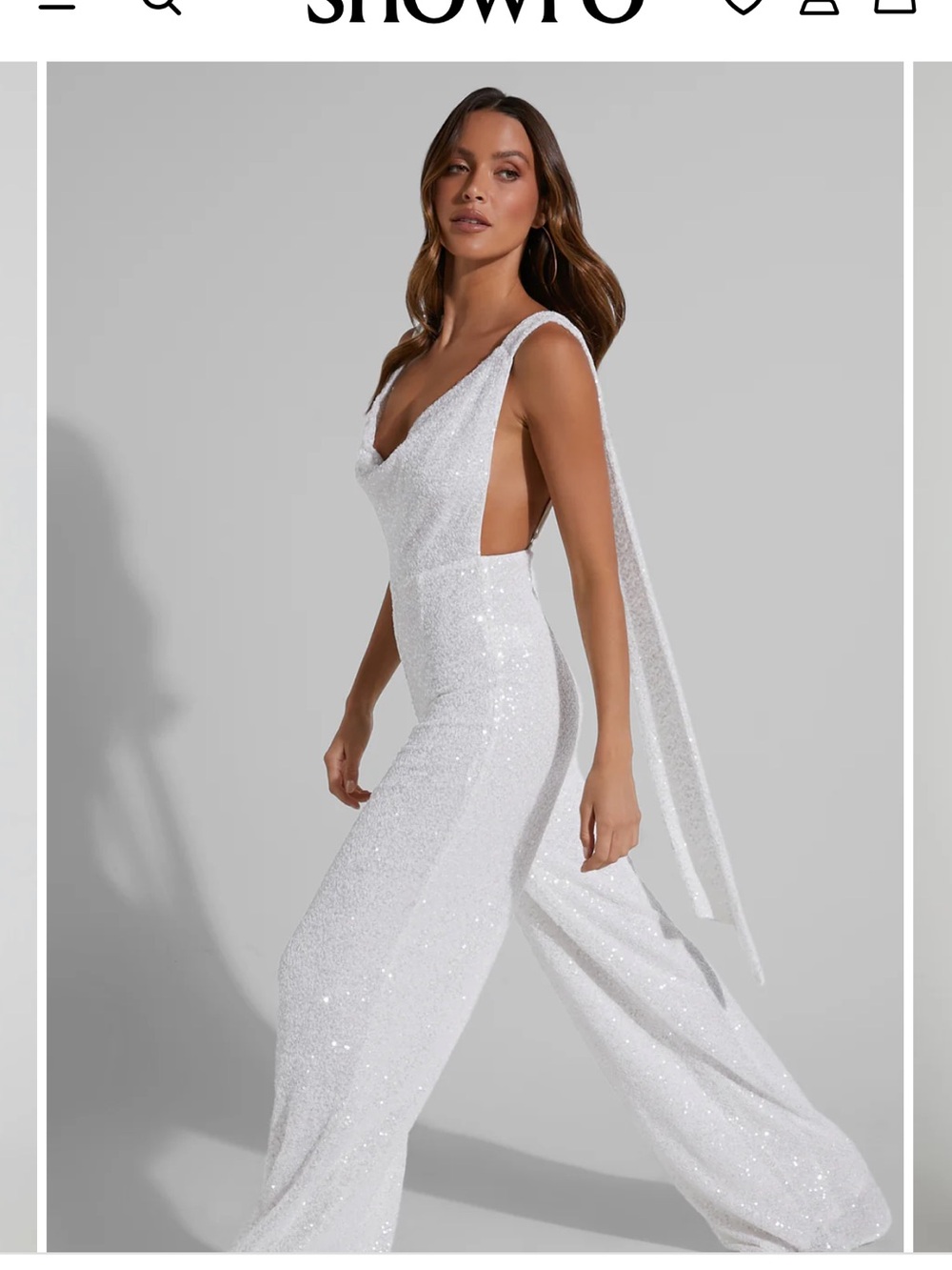 Showpo White Sequin Cowl Neck Jumpsuit with Draped Back